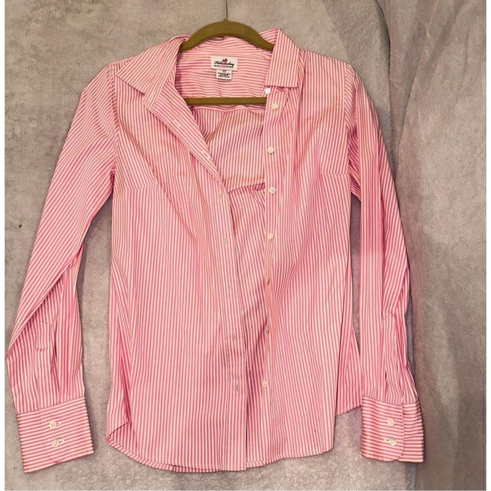 Red and white striped j crew button down shirt women’s size XS